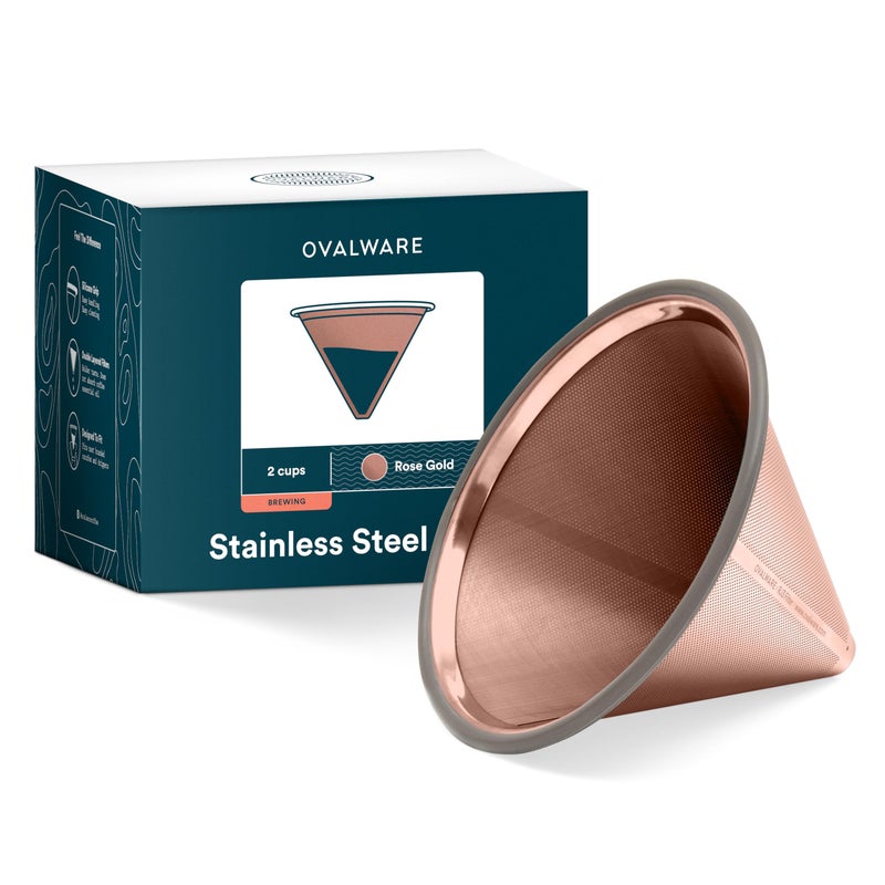 OVALWARE Paperless Stainless Steel Pour Over Coffee Filter â€“ Reusable and Permanent Coffee Cone Dripper for Ovalware, Chemex, Hario and Other Carafes (Titanium Rose Gold) - Image 1